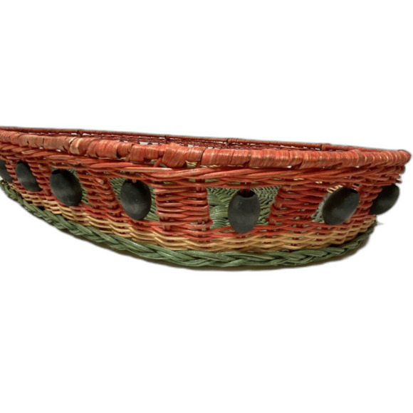 Oval Basket Woven Rattan Wicker Tiki Serving Tray Colorful, Beads 14" x 18" New - Picture 6 of 6